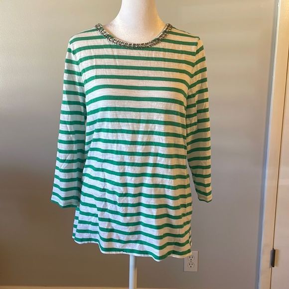 [Chico’s] Green/White Striped Beaded Shirt - Size 2/Medium - Picture 1 of 5